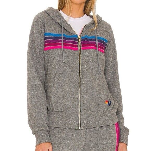 Aviator Nation Tops - Aviator Nation Gray Hoodie Rainbow 5 Stripe Full Zip Small Sweater PRISTINE